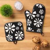 Mid Century Moderne Bloemen Zwart Wit Ovenwant & Pannenlap Set (Top down)