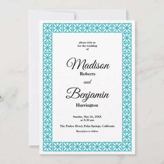 Mid Century moderne bruiloft, retro, blauw, wit Kaart (Voorkant)
