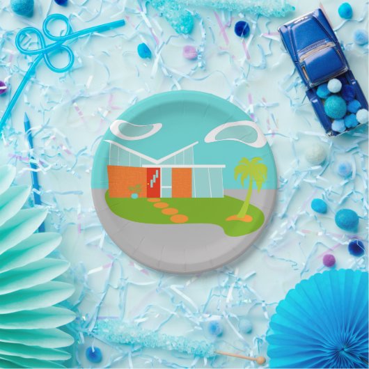 Mid Century Moderne Cartoon House Paper Borden Papieren Bordje (Feest)