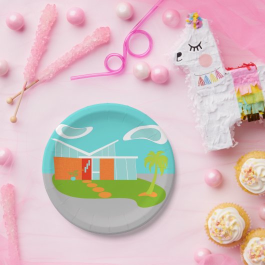 Mid Century Moderne Cartoon House Paper Borden Papieren Bordje (Feest)