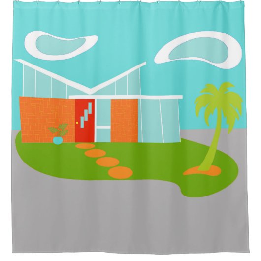 Mid Century Moderne Cartoon House Shower Curtain Douchegordijn (Voorkant)