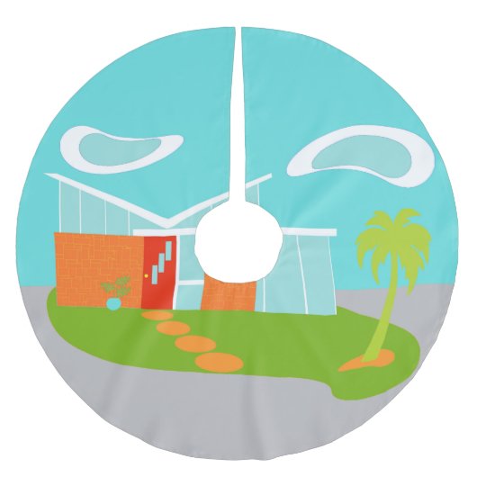 Mid Century Moderne Cartoon House Tree Skirt Kerstboom Rok (Voorkant)