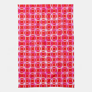 Mid-Century Moderne cirkels, donkerrood en roze Theedoek
