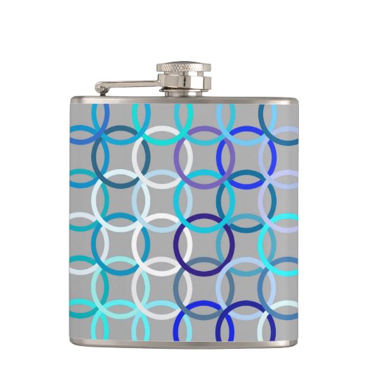 Mid-Century Moderne cirkels, grijs, blauw en wit Heupfles (Voorkant)