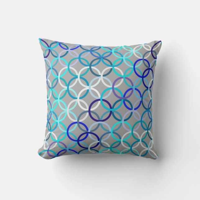 Mid-Century Moderne cirkels, grijs, blauw en wit Kussen (Voorkant)