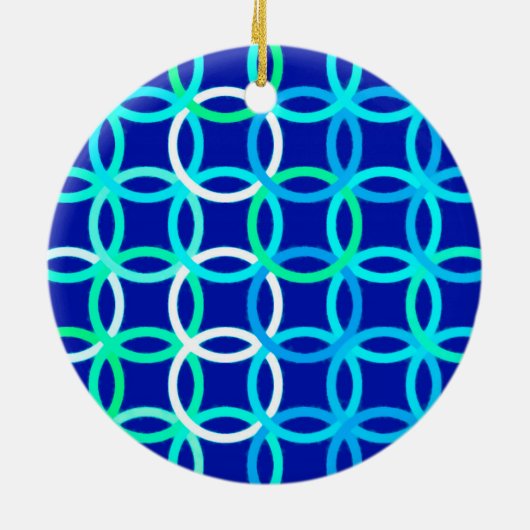 Mid-Century Moderne cirkels, kobalt & pauw Keramisch Ornament (Achterkant)