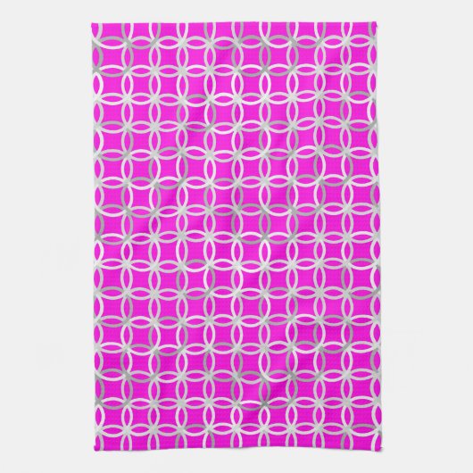 Mid-Century Moderne cirkels, magenta, grijs & wit Theedoek (Verticaal)