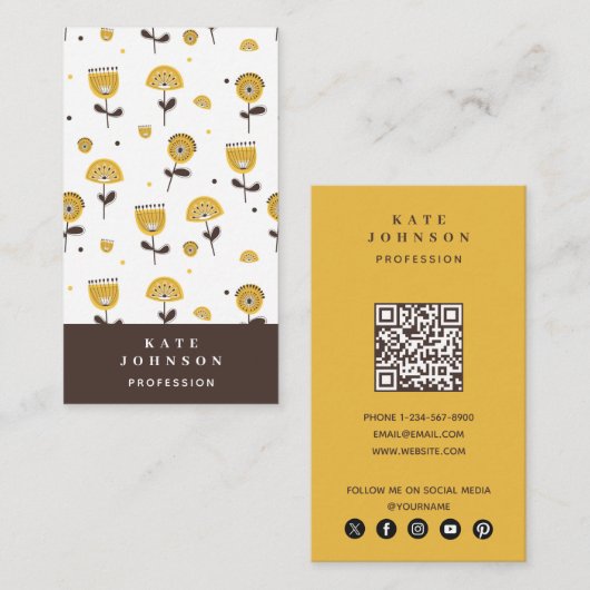 Mid Century Moderne Gele Bloemen QR Code Visitekaartje (Voorkant / Achterkant)