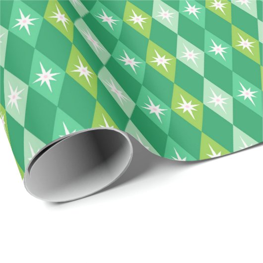 Mid Century Moderne Groene Diamant Kerstmis Cadeaupapier (Rol Hoek)