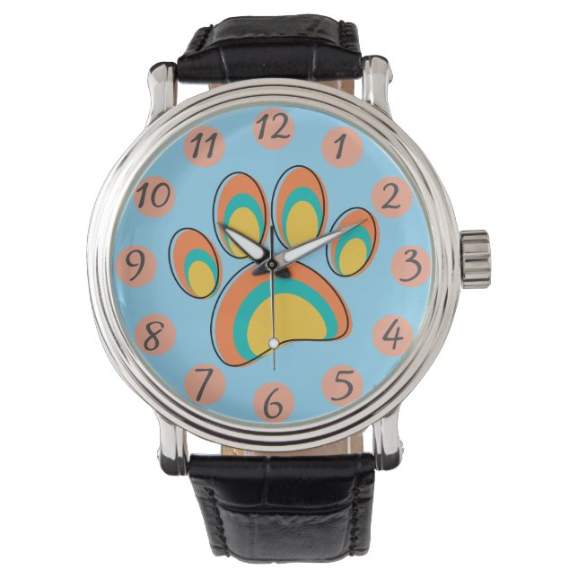 Mid Century Moderne Hond Paw Print Horloge (Voorkant)