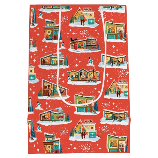 Mid-Century Moderne Huizen Kerstcadeau Tas rood Medium Cadeauzakje (Achterkant)