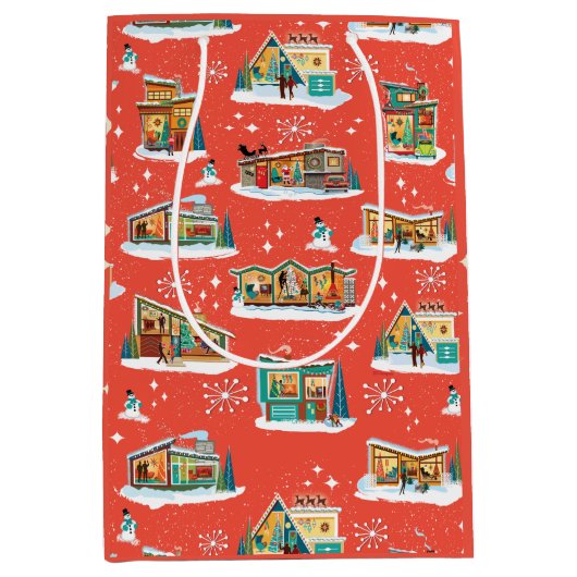 Mid-Century Moderne Huizen Kerstcadeau Tas rood Medium Cadeauzakje (Voorkant)