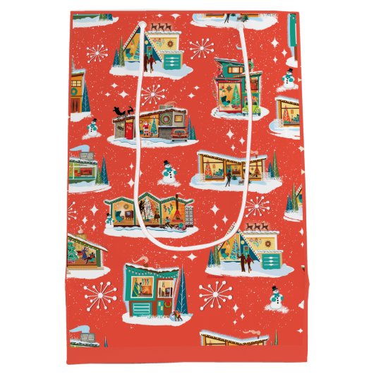 Mid-Century Moderne Huizen Kerstcadeau Tas rood Medium Cadeauzakje (Achterkant)