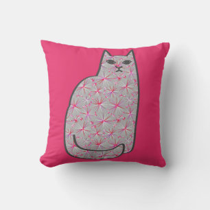 Mid-Century Moderne Kat, Fuchsia en Licht Roze Kussen