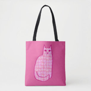 Mid-Century Moderne Kat, Fuchsia en Licht Roze Tote Bag