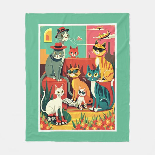 Mid Century moderne katten op vakantie Fleece Deken (Voorkant)