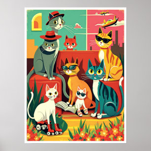 Mid Century moderne katten op vakantie Poster