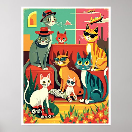 Mid Century moderne katten op vakantie Poster (Voorkant)