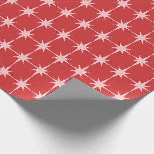 Mid Century Moderne Kerst Roze en Rode sterren Cadeaupapier (Hoek)