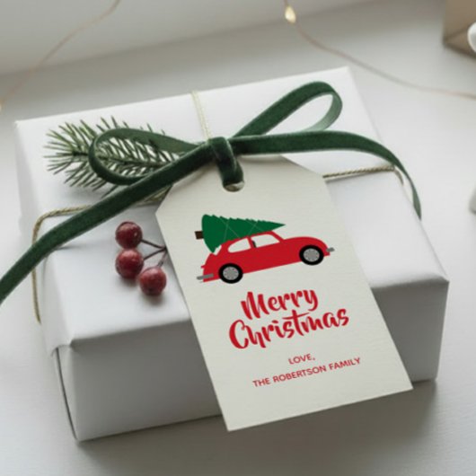 Mid Century Moderne Kerstboom & Rode Auto Cadeaulabel