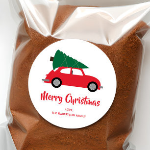 Mid Century Moderne Kerstboom & Rode Auto Ronde Sticker