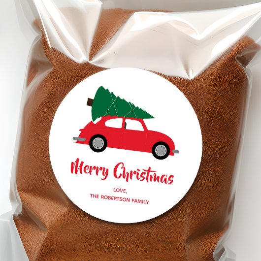 Mid Century Moderne Kerstboom & Rode Auto Ronde Sticker