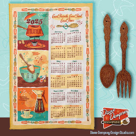 Mid-Century Moderne Keuken Kalender Handdoek 2025