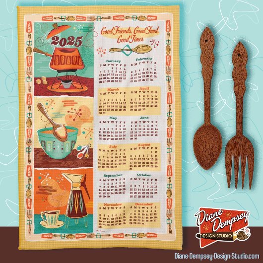 Mid-Century Moderne Keuken Kalender Handdoek 2025