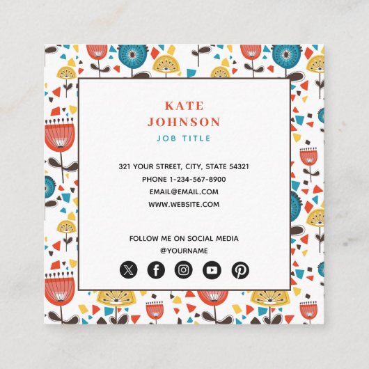 Mid Century Moderne Kleurrijke Bloemen QR Code Vierkante Visitekaartje (Achterkant)
