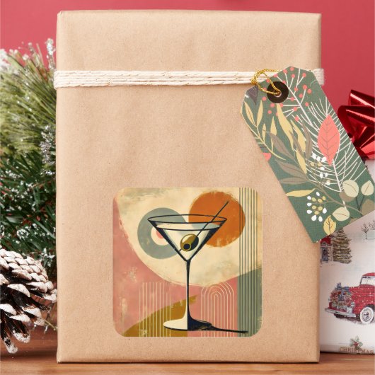 Mid Century Moderne Kunst Martini Vierkante Sticker (Feestdagen)