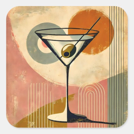 Mid Century Moderne Kunst Martini Vierkante Sticker (Voorkant)