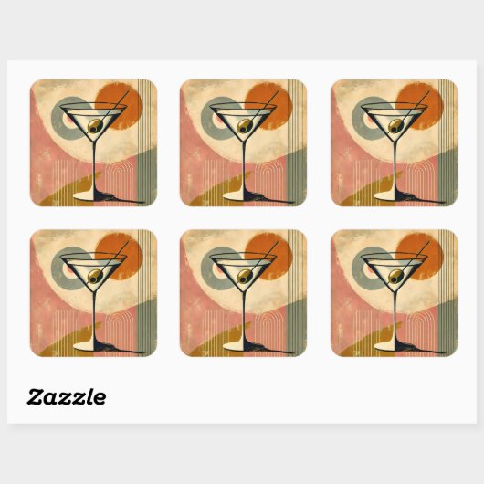Mid Century Moderne Kunst Martini Vierkante Sticker (Vel)