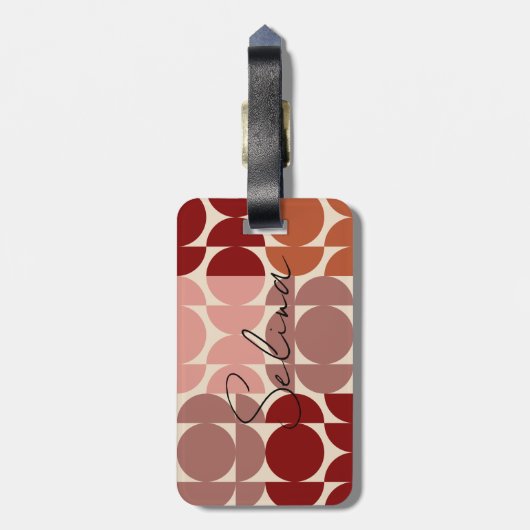 Mid-Century Moderne Maroon Circles en Semicircles Bagagelabel (Achterkant verticaal)