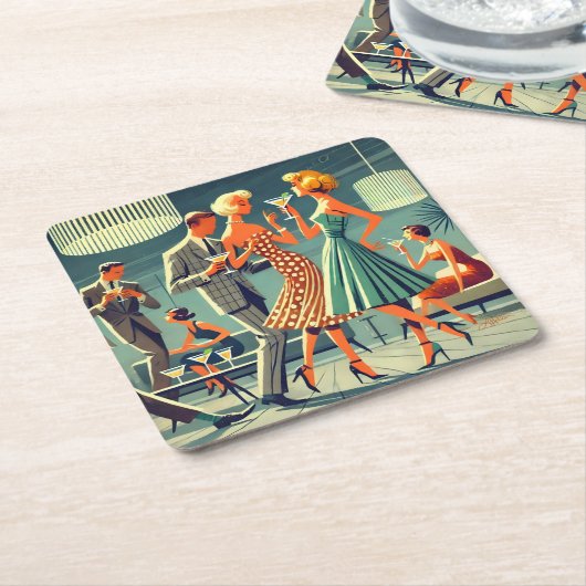 Mid Century Moderne Martini Dans Cocktail Party Kartonnen Onderzetters (Schuin)