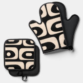 Mid Century Moderne Minimalistische Zwarte Crème P Ovenwant & Pannenlap Set (Voorkant / Achterkant)