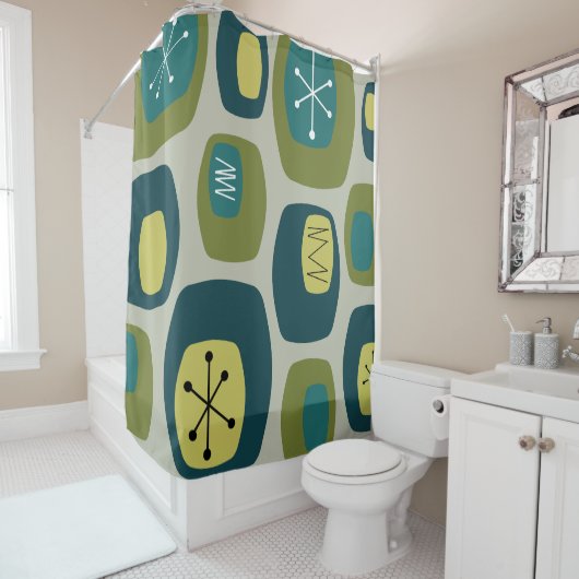 Mid Century Moderne Oblangen Olive Green Douchegordijn (In situ)