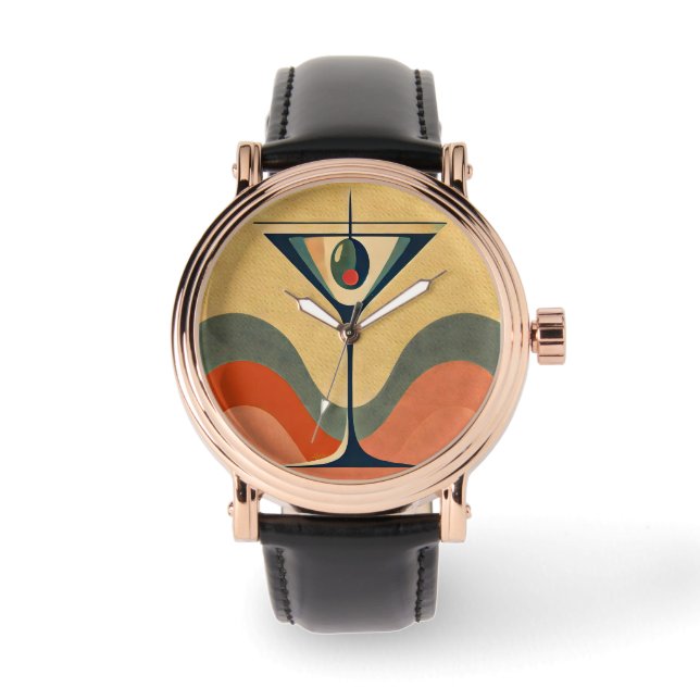 Mid Century Moderne "pimento olijf martini golf" Horloge (Voorkant)