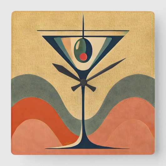 Mid Century Moderne "pimento olijf martini golf" Vierkante Klok (Voorkant)