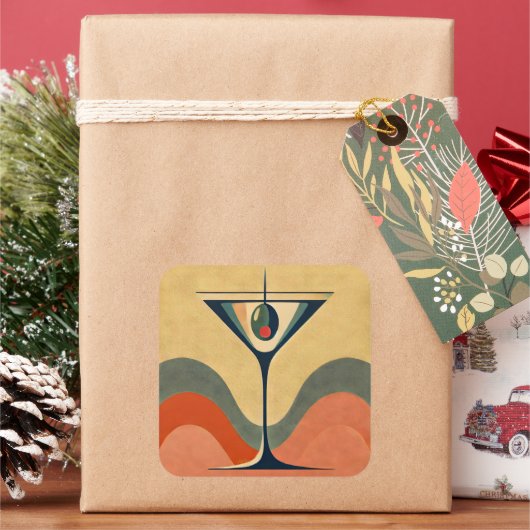 Mid Century Moderne "pimento olijf martini golf" Vierkante Sticker (Feestdagen)