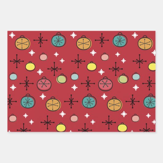 Mid Century Moderne Retro Kerstkunst Rood Inpakpapier Vel (Voorkant)