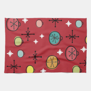 Mid Century Moderne Retro Kerstkunst Rood Theedoek