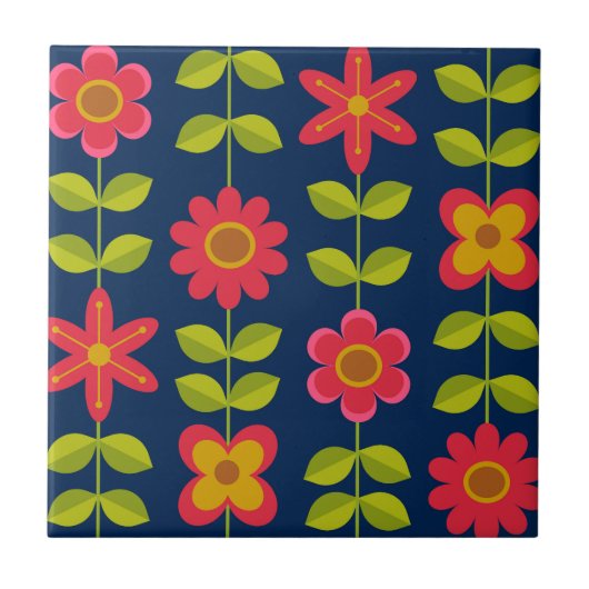 Mid Century Moderne rode bloemen met bladeren Tegeltje (Voorkant)