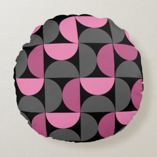 Mid-Century Moderne roze, zwart en grijs Rond Kussen