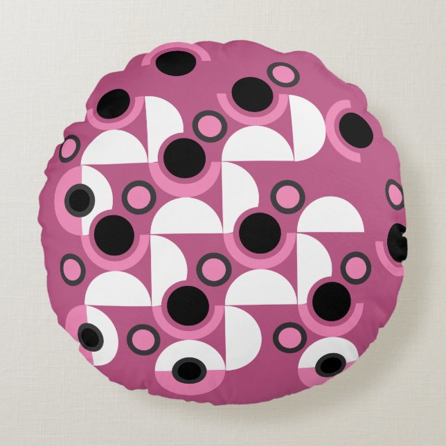 Mid-Century Moderne roze, zwart en grijs Rond Kussen (Voorkant)