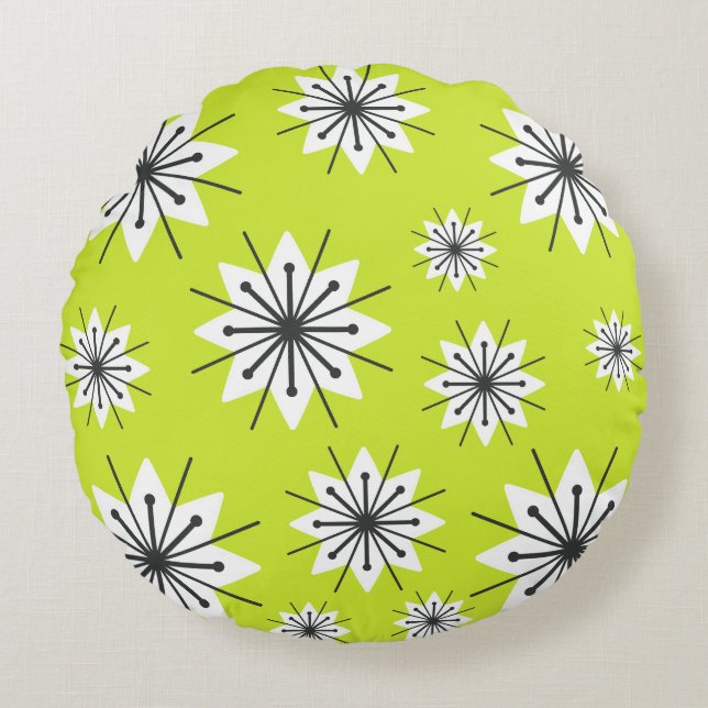 Mid Century Moderne Sneeuwvlokken Chartreuse Rond Kussen (Voorkant)