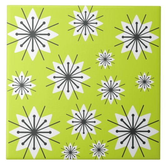 Mid Century Moderne Sneeuwvlokken Chartreuse Tegeltje (Voorkant)