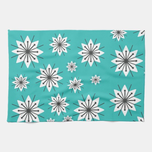 Mid Century Moderne Sneeuwvlokken Turquoise Theedoek (Horizontaal)