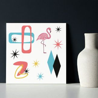 Mid Century Moderne Sterren Diamanten Roze Flaming Tegeltje