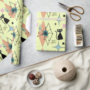 Mid Century moderne sterren en katten patroon crèm Cadeaupapier