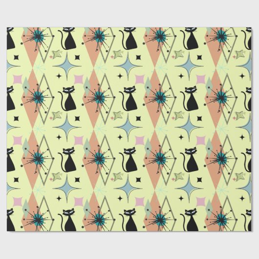 Mid Century moderne sterren en katten patroon crèm Cadeaupapier (Vlak)